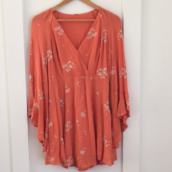 New Free People Jasmine embroidered faux wrap surplice trumpet sleeve mini dress - Picture 10 of 16